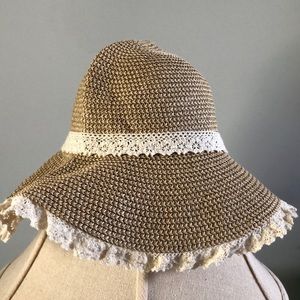 Sun Hat Women's Brown With Lace Crochet Floppy Beach Pool